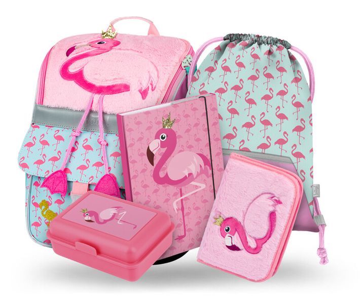 BAAGL - SET DE 5 Zippy Flamingo: rucsac, penar, geantă, geantă, farfurii, cutie