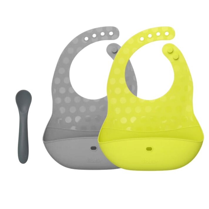 BBLÜV - Pöket set bavetă + lingură Lime/Grey