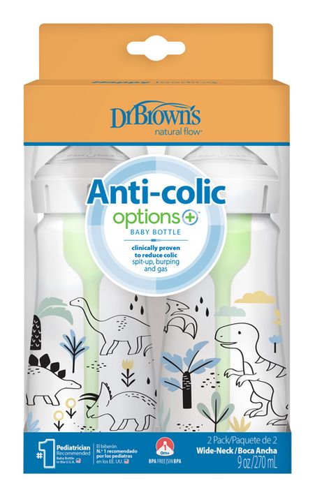 DR. BROWNS - Flacon anticolic Options+ gât larg 2x270ml plastic Dino (WB92026)