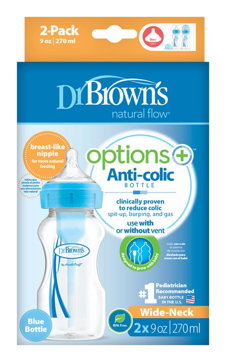 DR.BROWNS - Sticlă anticolică Opțiuni+ gât lat 2x270ml plastic albastru (WB92602)