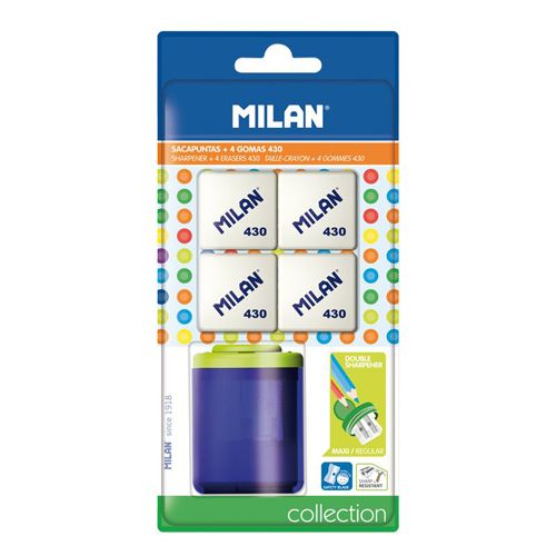 MILAN - Ascuțitoare de creioane dublu cu recipient COLLECTION + 4 radiere 430 - blister