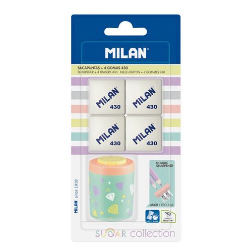 MILAN - Ascuțitoare de creioane dublu cu recipient Collectuib Pastel + 4 radiere 430 - blister