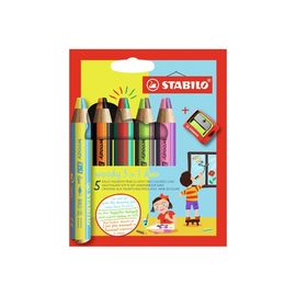 STABILO - Creion de colorat multifuncțional woody 3in1 duo - cerneală în două culori - set de 5 bucăți cu ascuțitoare de creion