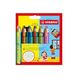 STABILO - Creion de colorat multifuncțional woody 3in1 duo - cerneală bicoloră - set de 6 bucăți cu ascuțitor de creioane