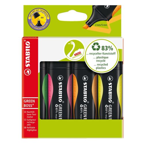 STABILO - Evidențiator organic GREEN BOSS, set de 4 buc - verde, roz, portocaliu, galben