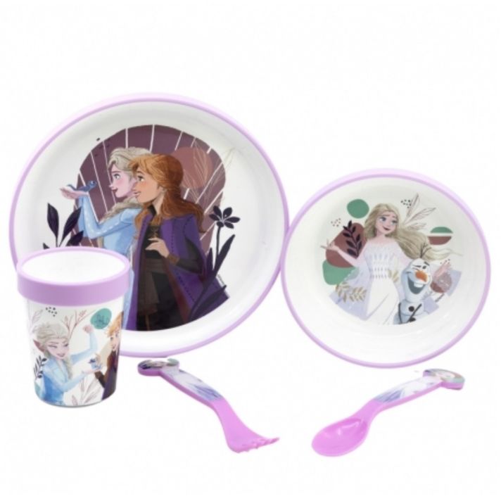 STOR - Set de mese pentru copii Disney Frozen (5 buc) - farfurie, castron, ceașcă și tacâmuri, 74285