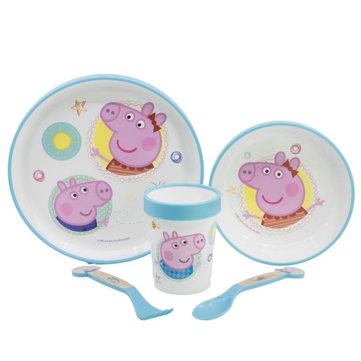 STOR - Vesela de plastic pentru copii Peppa Pig (farfurie, castron, ceașcă, tacâmuri), 41205