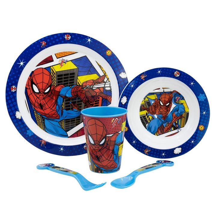 Vesela de plastic pentru copii Spiderman (farfurie, castron, ceașcă, tacâmuri)