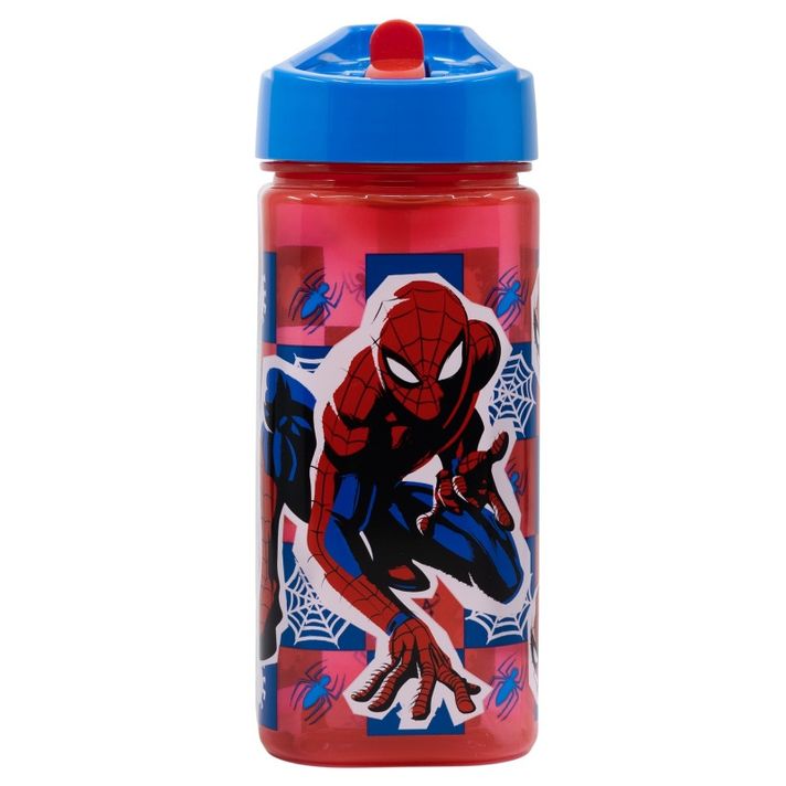 STOR - Sticlă pătrată din plastic cu pai SPIDERMAN, Tritan 530ml, 74714