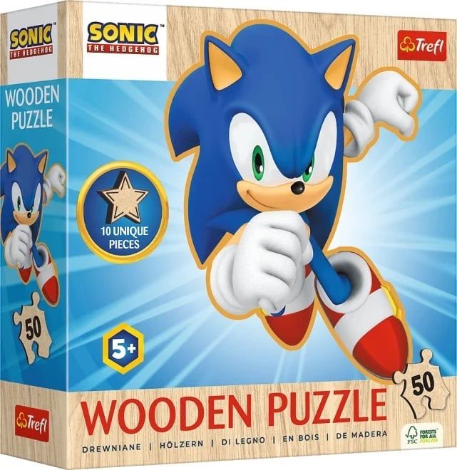 TREFL - Puzzle din lemn cu contur Sonic: Sonic vesel 50 de piese