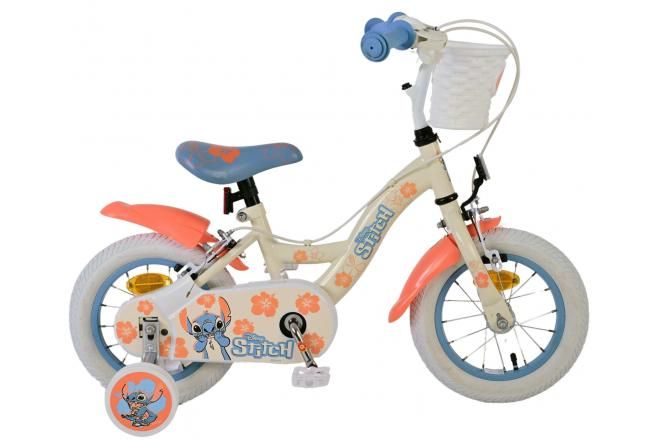 VOLARE - Bicicletă Disney Stitch pentru copii - Fete - 12 inch - Două frâne de mână - Crem Coral Albastru